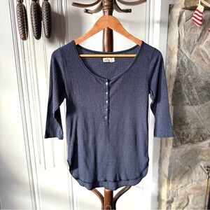 Y2K Hollister Ribbed Knit Scoop Neck Half Sleeve Navy Blue Shirt